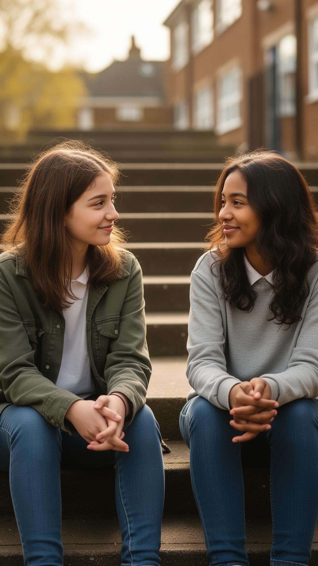 Two teenage girls aged around fourteen sitting on school steps having a calm conversation in warm afternoon light